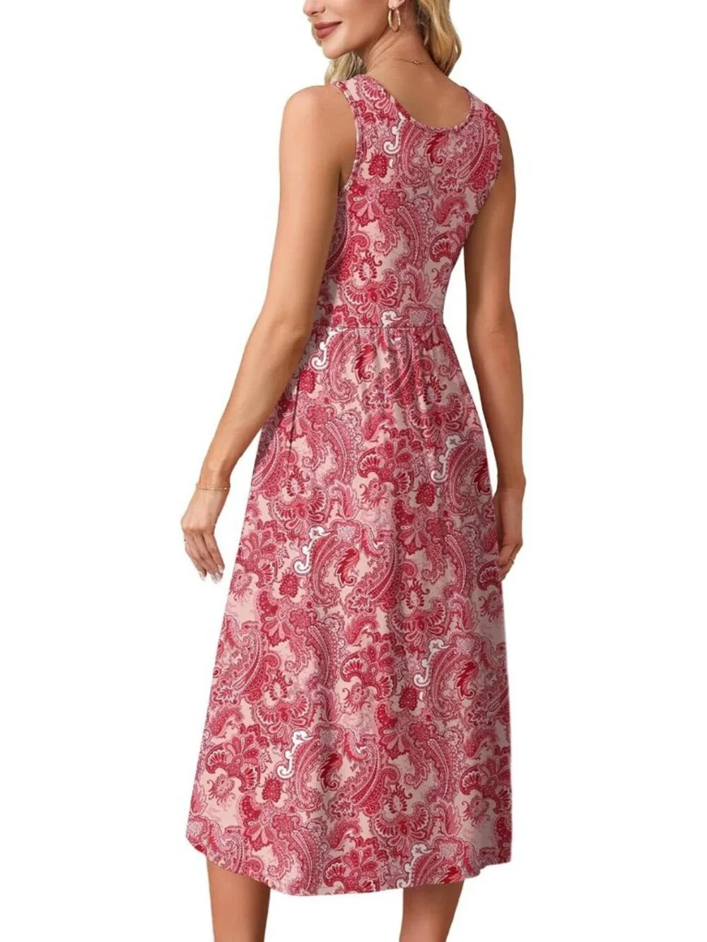 Women's Midi Dresses Red Paisley Print Scoop Neck Sleeveless Summer Casual Soft